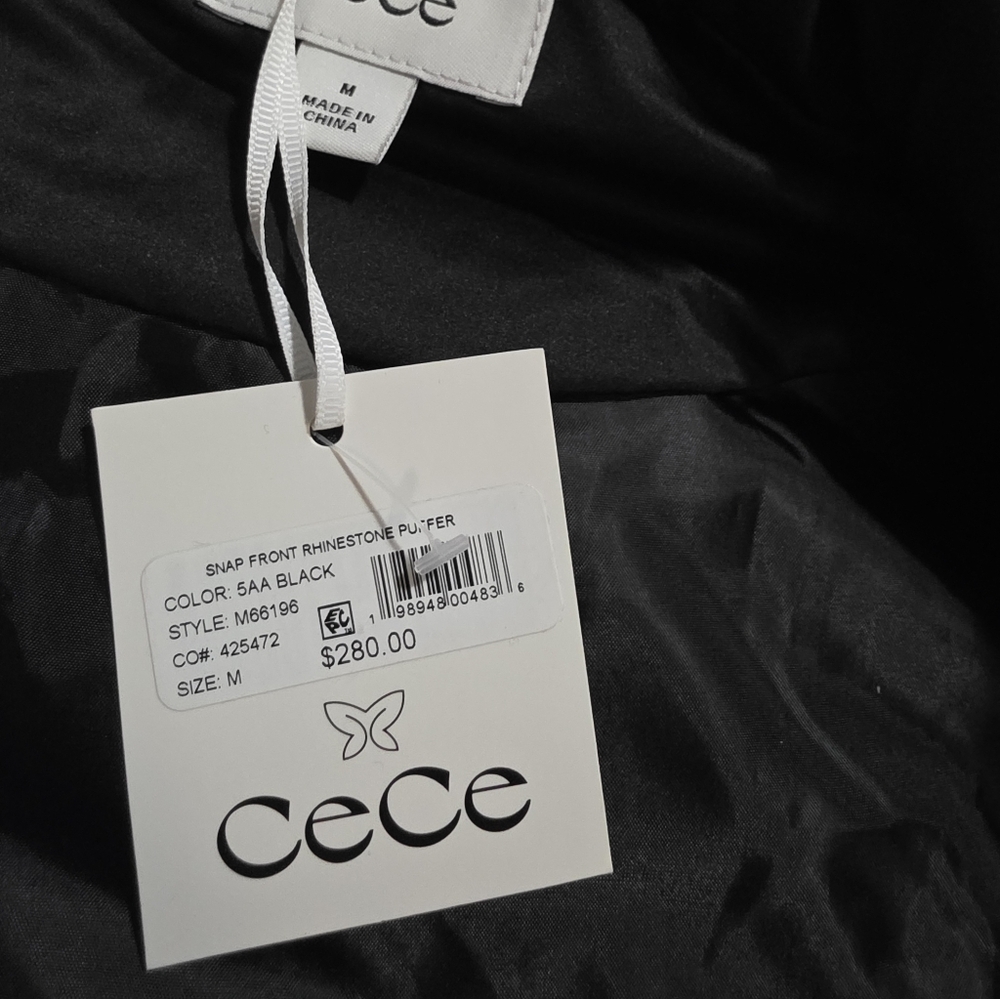 CeCe BLACK & Rhinestone Cropped Puffer Jacket MEDIUM NWT $288 - Picture 5 of 7